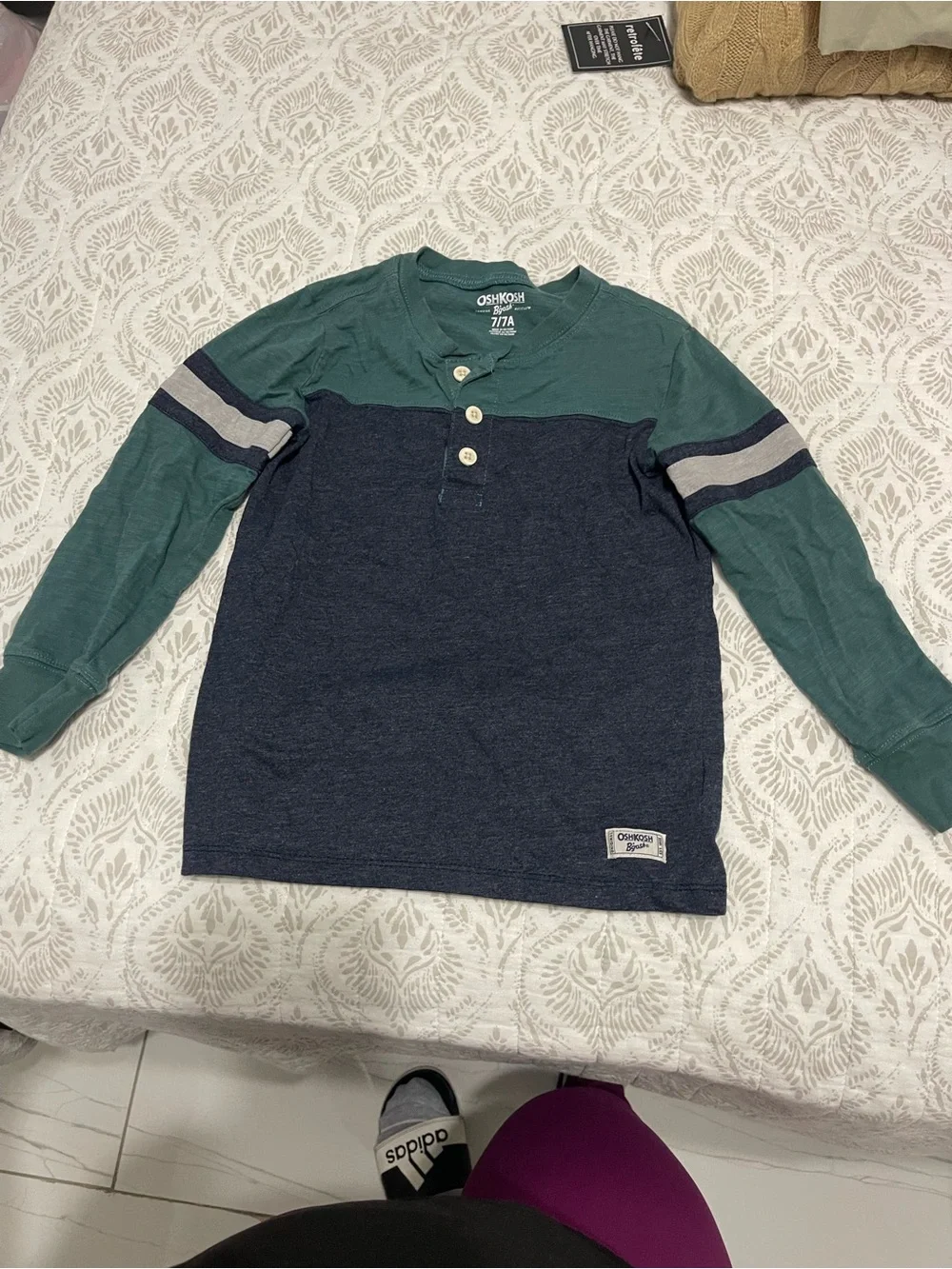 OshKosh B'gosh Green & Navy Long Sleeve Henley with Stripe Sleeves